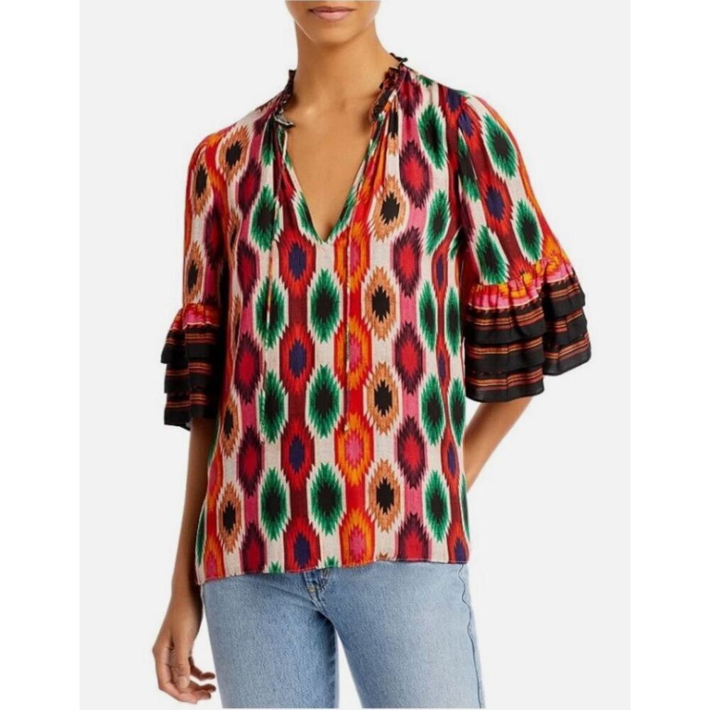 ALICE + OLIVIA Julius Tiered Sleeve Southwestern Western Colorful Blouse‎ Sz S